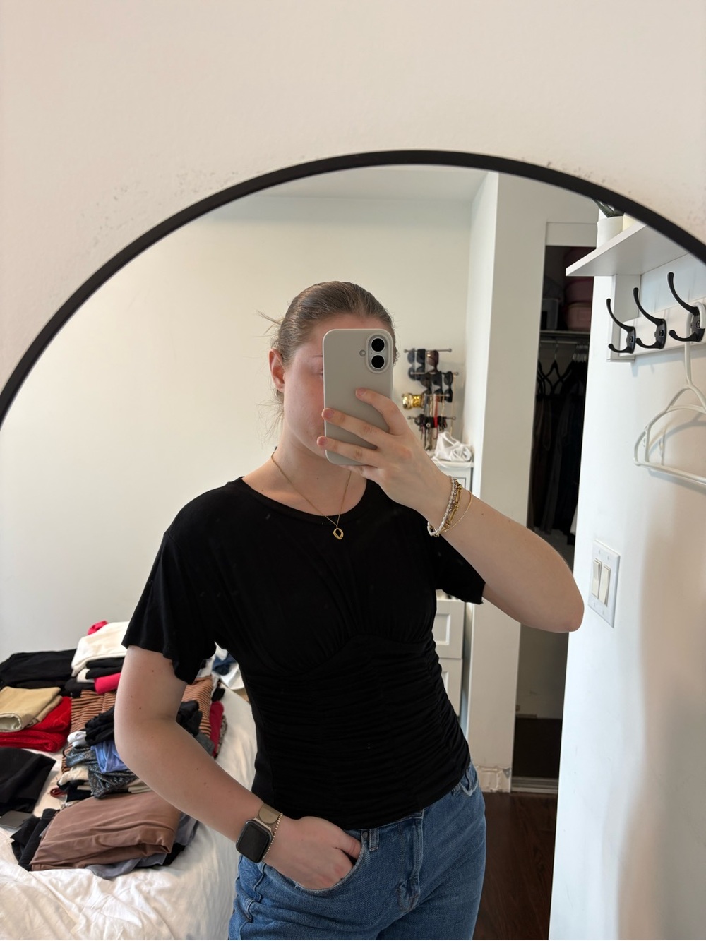 Black Ruched Short-Sleeve Tee (bustier outline)